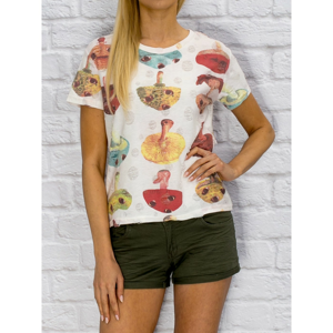 White t-shirt with colorful mushrooms