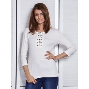 Ribbed ecru blouse with a lace up neckline