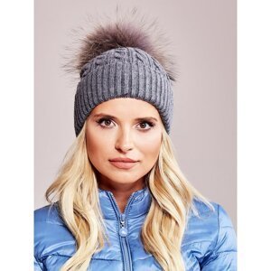 Knitted cap with fur pompom, dark gray