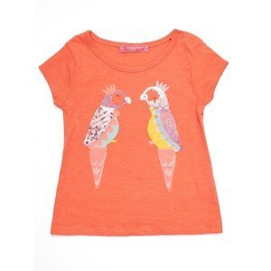 Casual t-shirt in coral color with colorful parrots