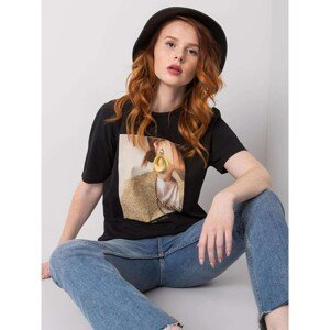 Women's black T-shirt with print and application