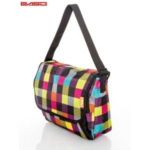 A shoulder bag with a colorful check pattern