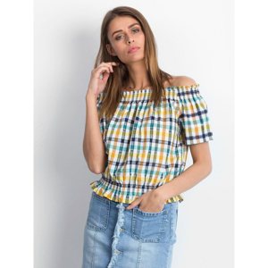 Blouse with a Spanish neckline in a colorful checkered white and yellow