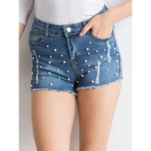 Blue denim shorts with pearls and rips