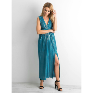 Pleated long dress with a teal shine