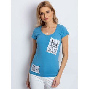 Blue t-shirt with text patches