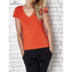Orange thermoactive women's sports t-shirt with a V-neck