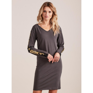 Fitted dark gray dress with sequins on the sleeves