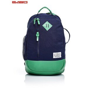 Navy and green school backpack with a leather insert