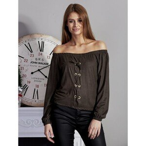 Khaki suede blouse with a Spanish neckline