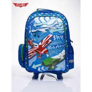 A blue school backpack with wheels, a suitcase with an Airplane theme