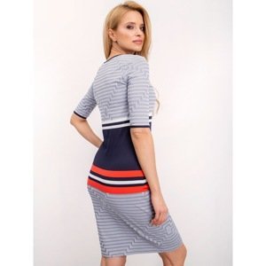 Dress with geometric patterns in dark blue and red
