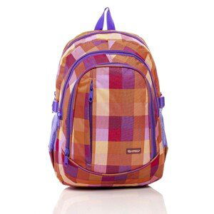 Orange school backpack with a colorful checked pattern