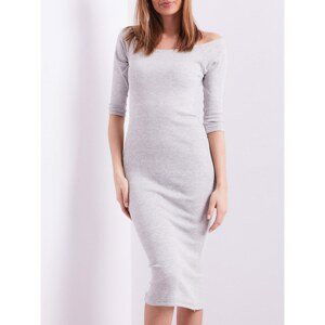Light gray striped dress with exposed shoulders