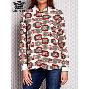 A brown and salmon patterned shirt with rolled-up sleeves
