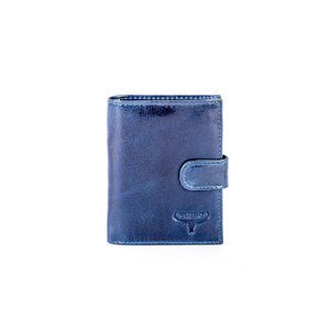 A navy blue leather wallet fastened with a latch