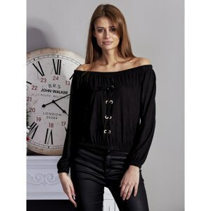 Black suede blouse with a Spanish neckline