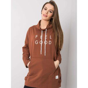 A brown kangaroo sweatshirt with an inscription