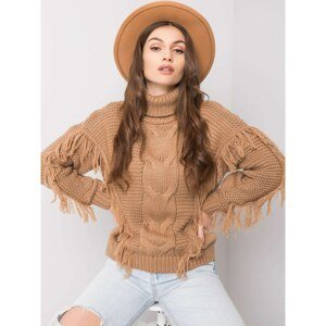 Camel turtleneck sweater with fringes