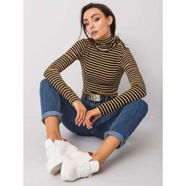 RUE PARIS Black and yellow striped turtleneck sweater