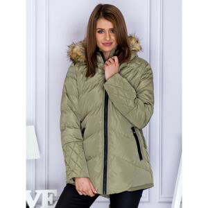 Khaki jacket with a fur hood