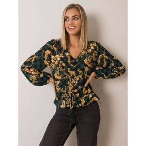Green and black blouse with a print