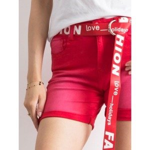 Red denim Bermuda shorts with a stripe with inscriptions