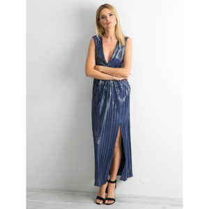 Long, pleated dress with a glossy dark blue color