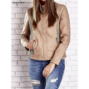 Ladies´ beige leather biker jacket with stitching on the shoulders