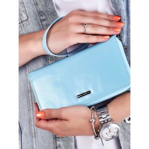 Light blue plain wallet with a zipper and a detachable strap