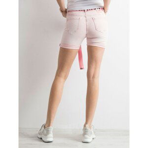 Pink denim bermuda shorts with a stripe with inscriptions