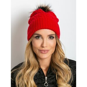 Red cap with hem and fur pompom