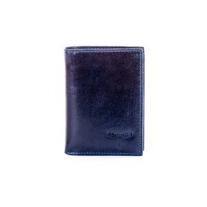 A navy blue leather wallet with an embossed logo