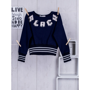 Sweatshirt for a girl with rhinestones and an inscription navy blue