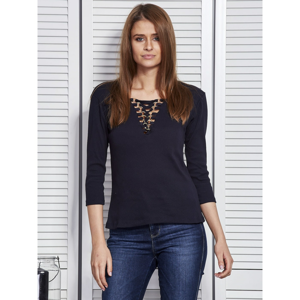Women´s navy blue blouse with a lace up neckline