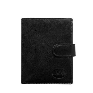 Men's black leather wallet with snap fasteners