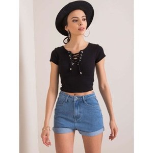 RUE PARIS Black blouse with laced neckline