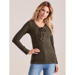 Khaki fitted blouse with laced neckline