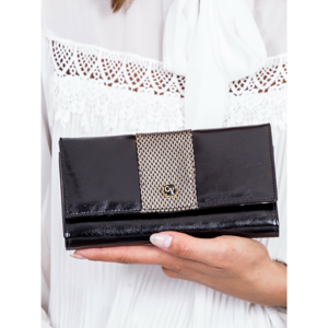 Black leather wallet with a decorative insert