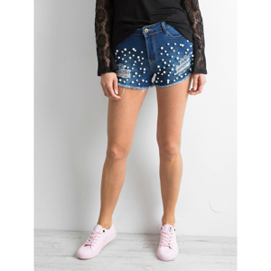 Dark blue denim shorts with pearls