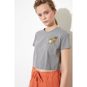 Trendyol Grey Embroidered Crop Knitted T-Shirt