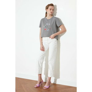 Trendyol Grey Embroidered Basic Knitted T-Shirt