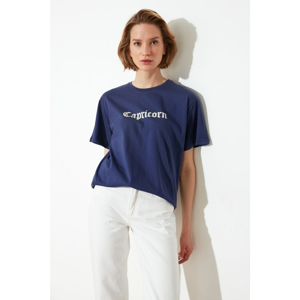 Trendyol Navy Blue Capricorn Printed Boyfriend Knitted T-Shirt