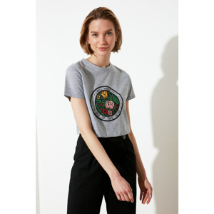 Trendyol Grey Embroidered Crop Knitted T-Shirt