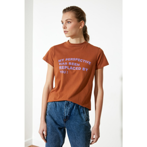 Trendyol Cinnamon Printed Upright Collar Basic Knitted T-Shirt