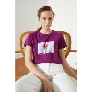 Trendyol Purple Printed Basic Knitted T-Shirt