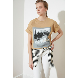 Trendyol Camel Printed Boyfriend Knitted T-Shirt