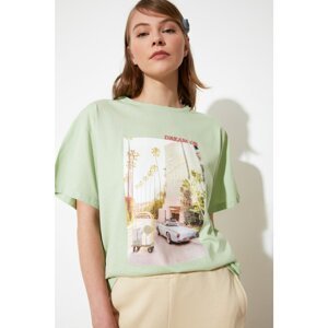 Trendyol Mint Print and Embroidery Boyfriend Knitted T-Shirt