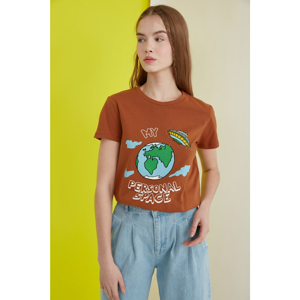 Trendyol Camel Printed Basic Knitted T-Shirt