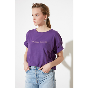 Trendyol Purple Front and Back Printed Loose Knitted T-Shirt